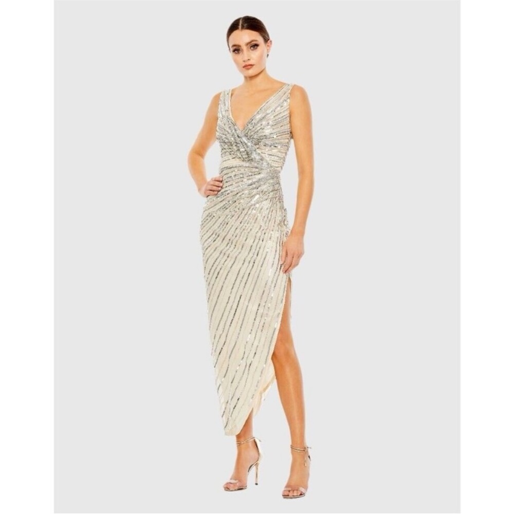 Mac Duggal Light Yellow Silver Sequin Midi Dress